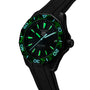 The TAG Heuer Aquaracer Professional 200 Solargraph is a black solar-powered watch with a green luminescent bezel and dial, black strap, and a date display at 3 o’clock.