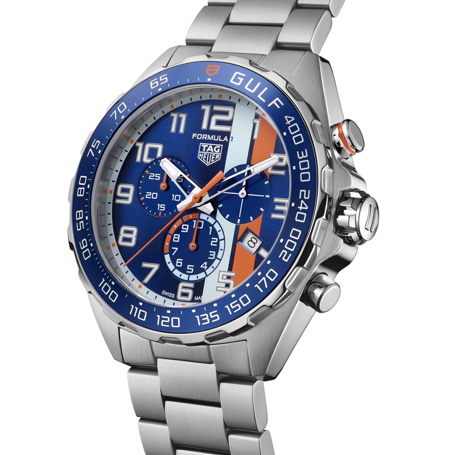 The TAG Heuer Special Edition Formula 1 Chronograph X Gulf features a stainless steel case, blue dial with light blue and orange stripes, Gulf logo, and a silver bracelet.