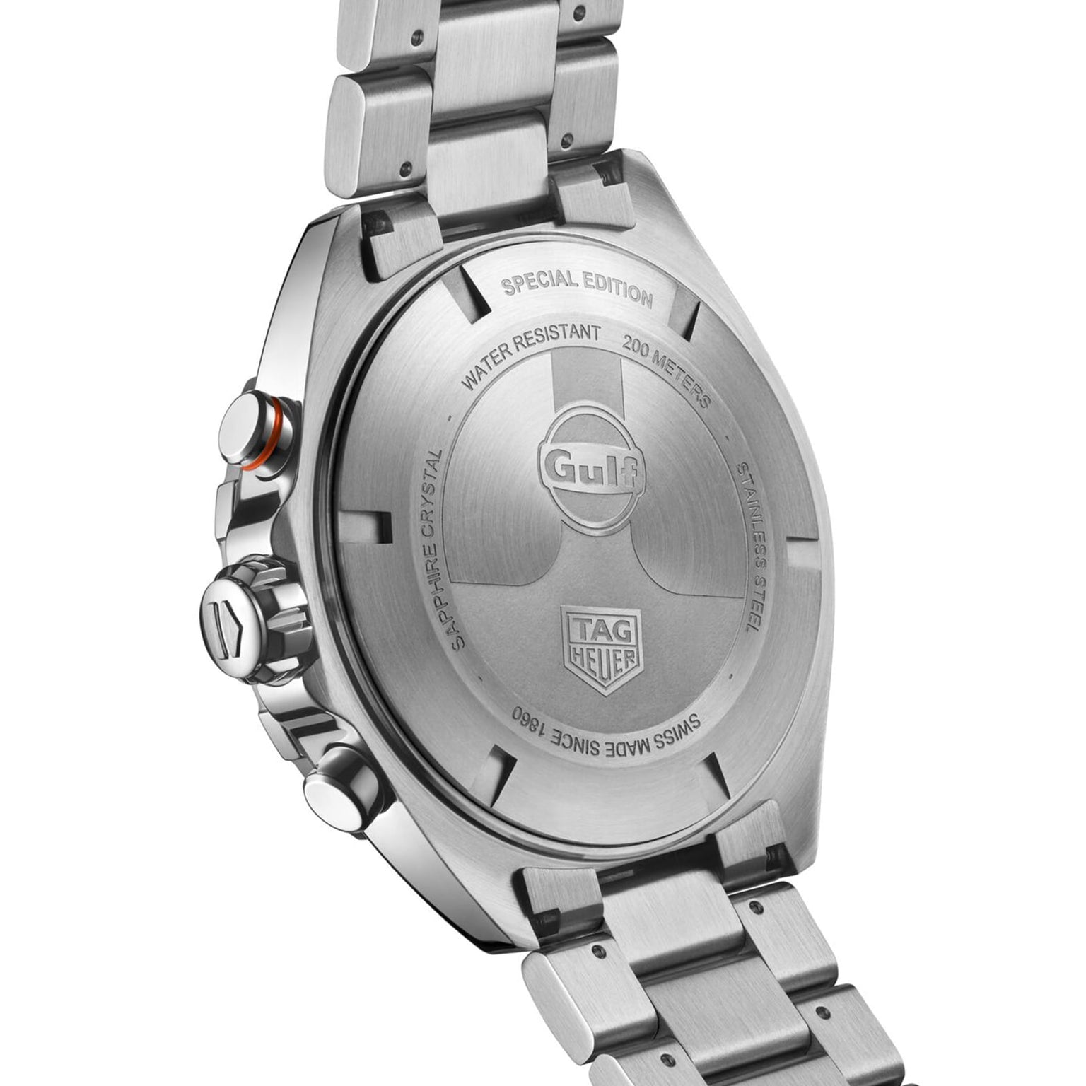 Close-up of the back of a TAG Heuer Special Edition Formula 1 Chronograph X Gulf wristwatch, displaying engraved Gulf markings, stainless steel case, water resistance info, and detailed specs.