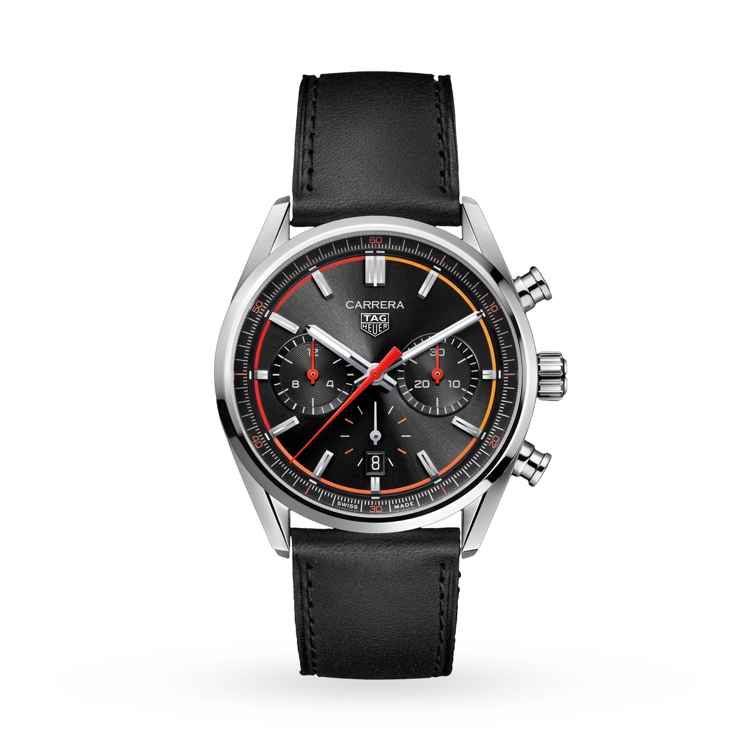 The TAG Heuer Carrera Chronograph features a black leather strap, black dial with three subdials, date window, red and yellow accents, and is powered by the precise Calibre HEUER 02 movement.