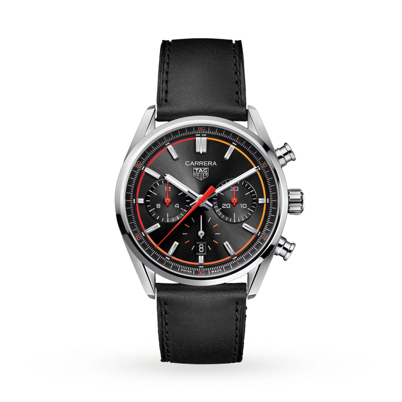 The TAG Heuer Carrera Chronograph features a black leather strap, black dial with three subdials, date window, red and yellow accents, and is powered by the precise Calibre HEUER 02 movement.