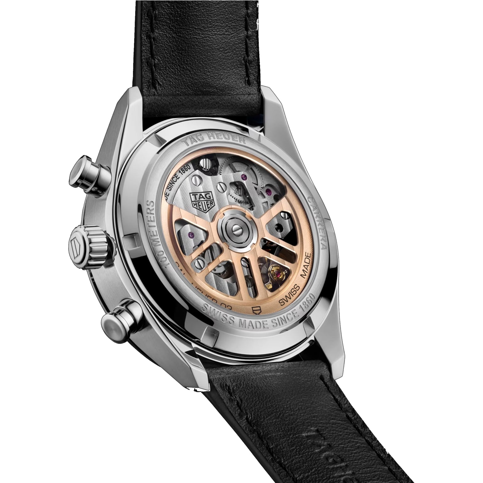The image displays the back of a TAG Heuer Carrera Chronograph, revealing its intricate mechanical movement through a transparent case and featuring a black leather strap.