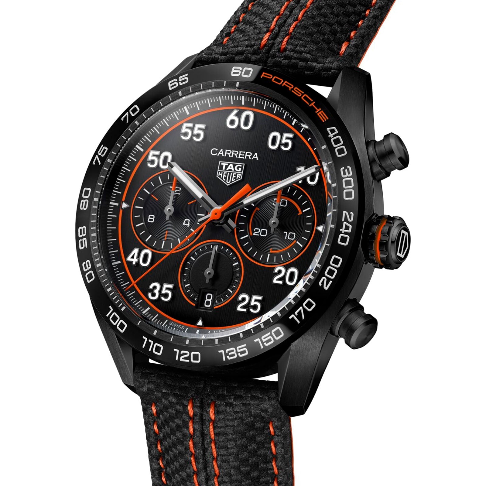 The TAG Heuer Carrera Chronograph x Porsche Orange Racing Special Edition features a black dial with orange accents, three subdials, and a black strap with orange stitching.