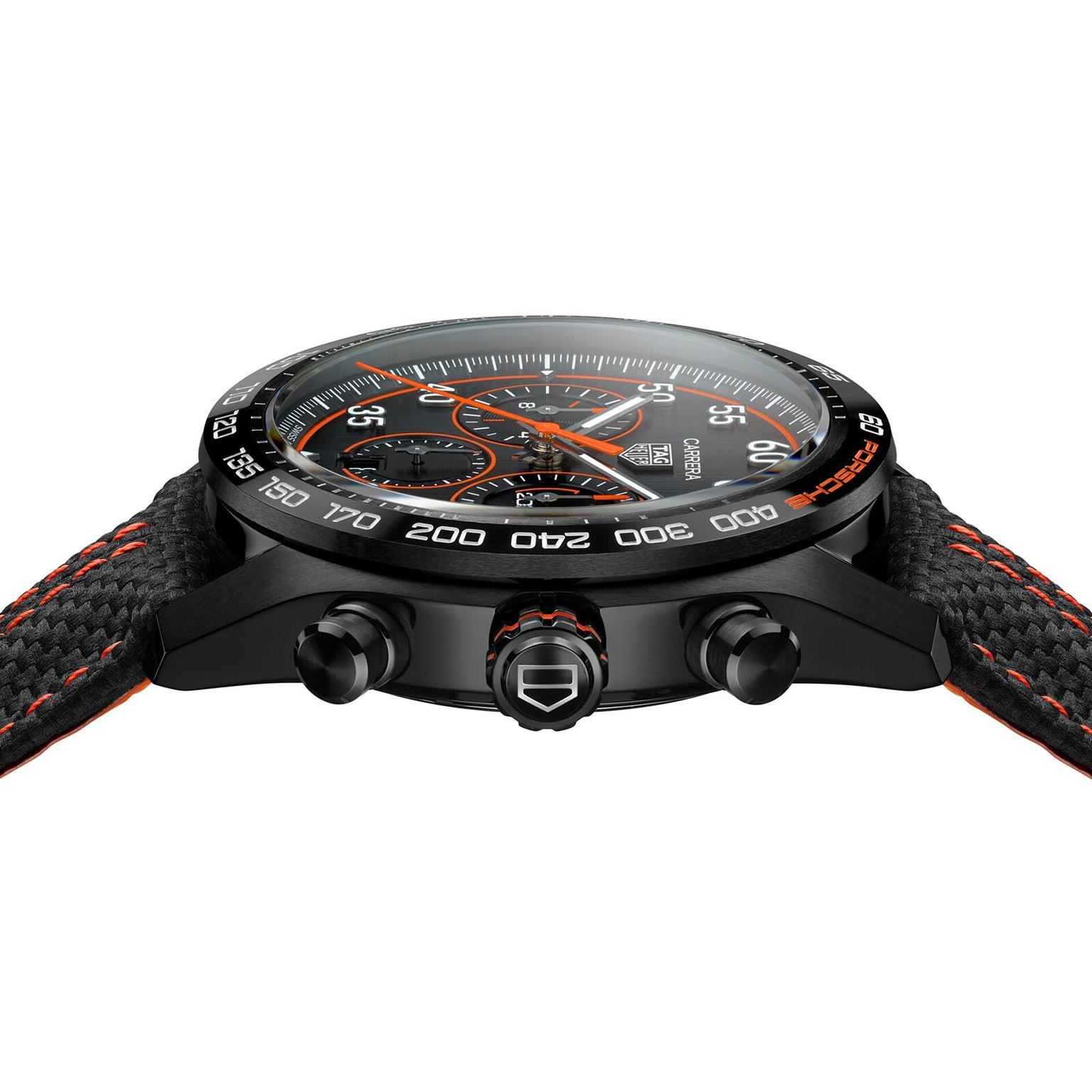Side view of the TAG Heuer Special Edition Carrera Chronograph x Porsche Orange Racing watch in black, showcasing orange accents, a textured strap, and prominent control buttons.