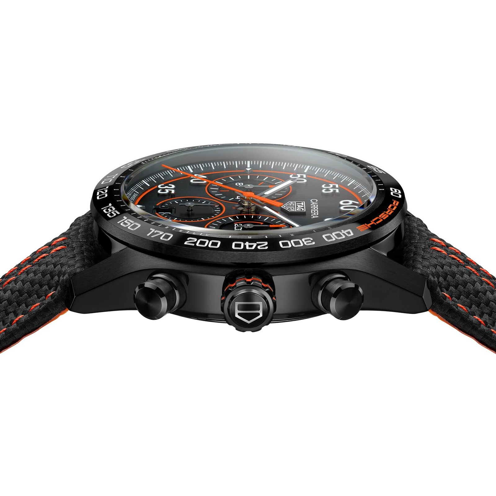 Side view of the TAG Heuer Special Edition Carrera Chronograph x Porsche Orange Racing watch in black, showcasing orange accents, a textured strap, and prominent control buttons.