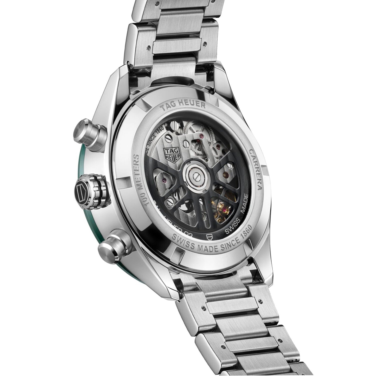 Close-up of the Carrera Chronograph by TAG Heuer, featuring a stainless steel case, see-through caseback, and visible Heuer 02 calibre that pays tribute to the brand’s motor-racing legacy.