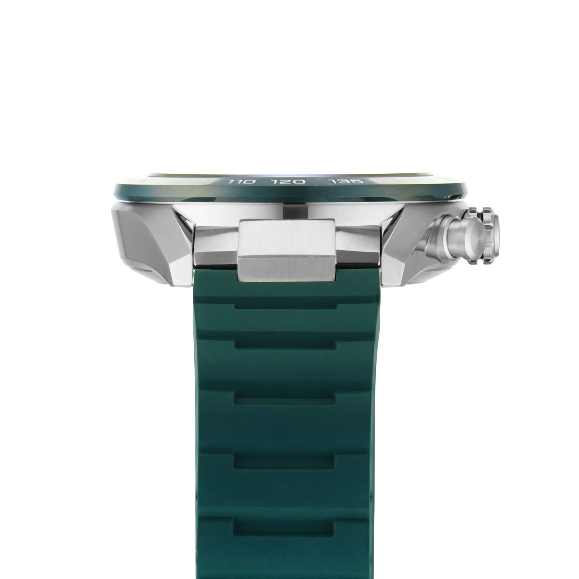 Side view of a TAG Heuer Carrera Chronograph, featuring a metallic case, green bezel, and matching green rubber strap—an homage to motor-racing heritage and powered by the accurate Heuer 02 calibre.