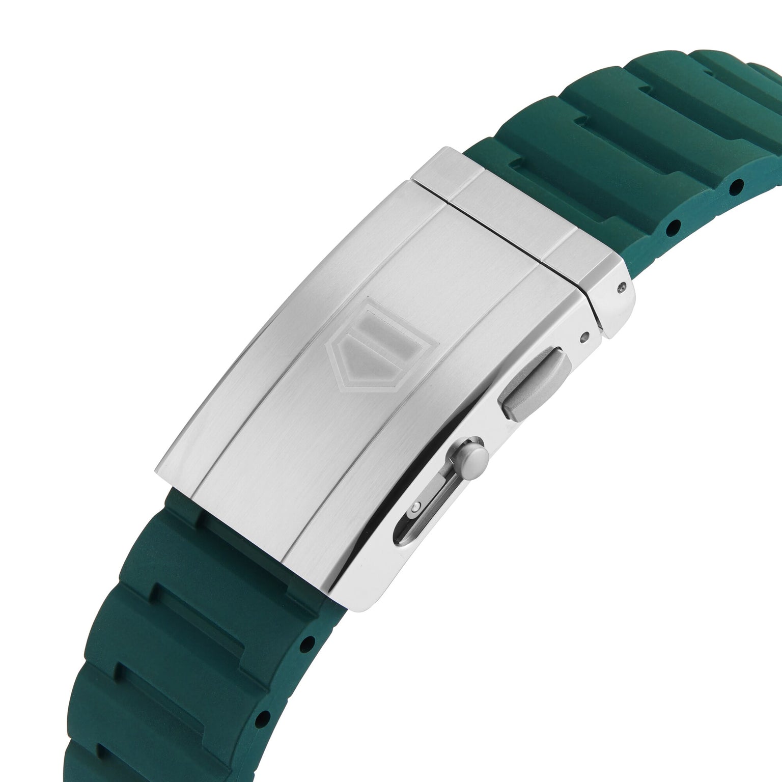 Close-up of a silver stainless steel clasp on a green textured rubber strap, showcasing the TAG Heuer Carrera Chronographs motor-racing heritage.