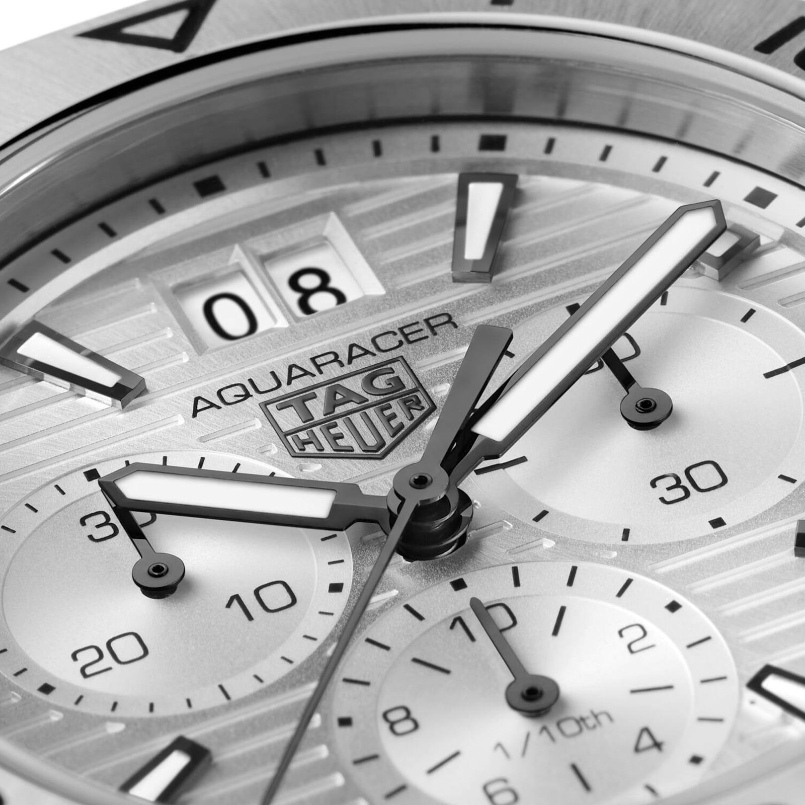 Close-up of the TAG Heuer Aquaracer Professional 200 Chronograph, highlighting its detailed markers, subdials, date display, and silver hands—embodying the precision of this high-performance sports watch.