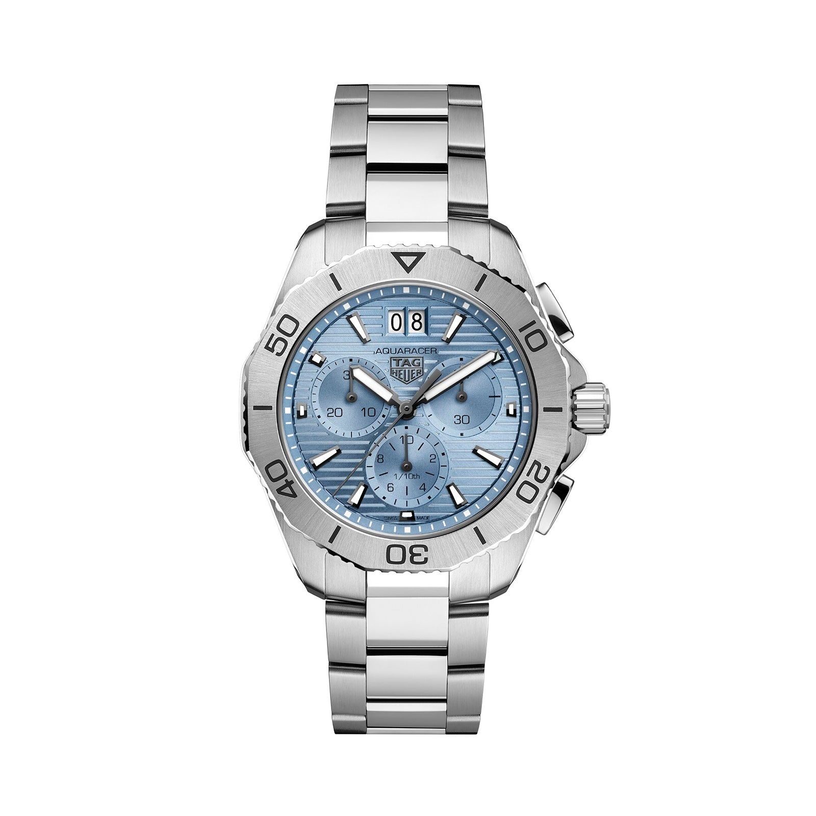 The TAG Heuer Aquaracer Professional 200 Chronograph is a silver stainless steel wristwatch featuring a light blue dial and chronograph functions.