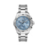 The TAG Heuer Aquaracer Professional 200 Chronograph is a silver stainless steel wristwatch featuring a light blue dial and chronograph functions.