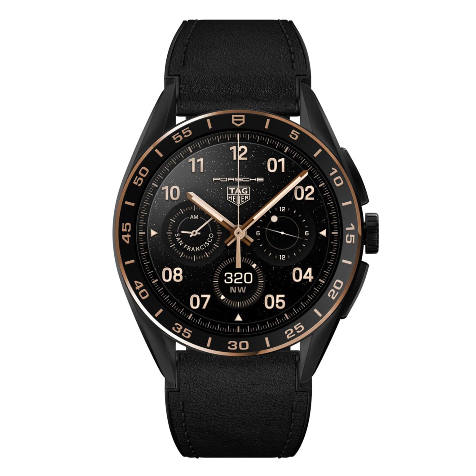 The TAG Heuer Limited Edition Connected Calibre E4 Bright Black features a sleek round face, gold accents, and leather strap, merging avant-garde style with smart luxury to display time, date, and more.