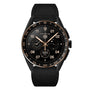 The TAG Heuer Limited Edition Connected Calibre E4 Bright Black features a sleek round face, gold accents, and leather strap, merging avant-garde style with smart luxury to display time, date, and more.