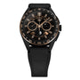 The TAG Heuer Limited Edition Connected Calibre E4 Bright Black Edition features a skeleton dial, rose gold accents, two subdials, and a black leather strap, displayed on a white background.