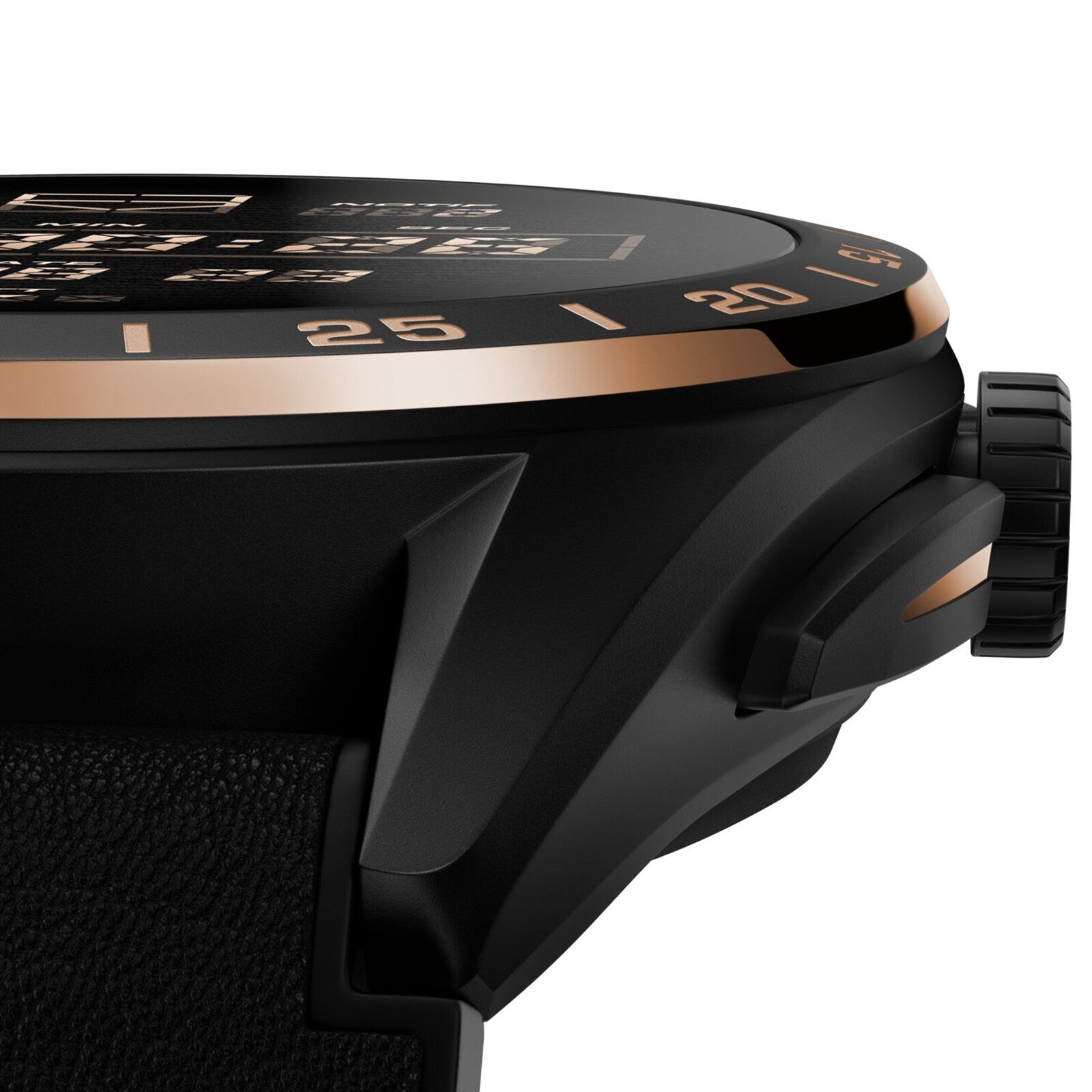 Close-up side view of the TAG Heuer Limited Edition Connected Calibre E4 Bright Black Edition, a luxury performance watch featuring a black case, gold bezel and crown, showcasing avant-garde design and intricate edge detailing.