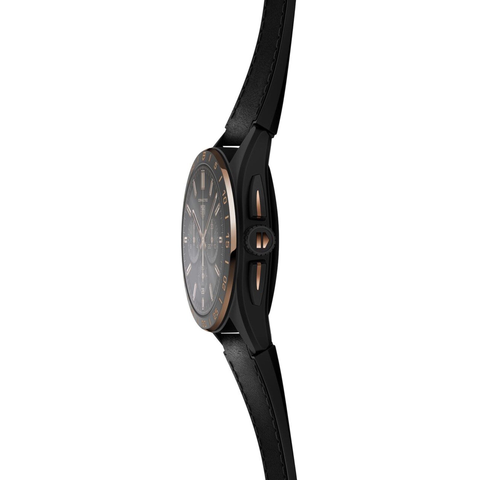 Side view of the TAG Heuer Limited Edition Connected Calibre E4 Bright Black Edition—luxury performance watch with a black round face, gold accents, and black leather strap—displayed against a white background.