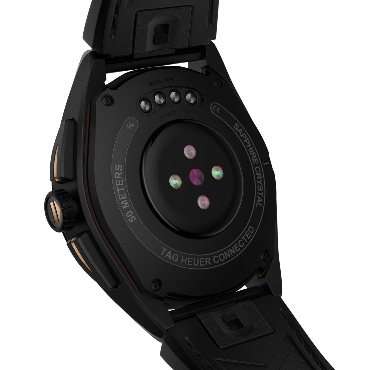The image shows the back of the TAG Heuer Limited Edition Connected Calibre E4 Bright Black Edition, featuring advanced sensors, sapphire crystal, and 50m water resistance—showcasing luxury performance and cutting-edge design.