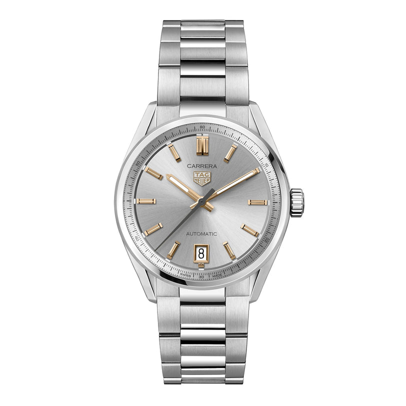 The TAG Heuer Carrera Date exudes elegance with its stainless steel bracelet, gold-tone hour markers and hands, plus a date display at 6 o’clock.