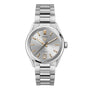 The TAG Heuer Carrera Date exudes elegance with its stainless steel bracelet, gold-tone hour markers and hands, plus a date display at 6 o’clock.