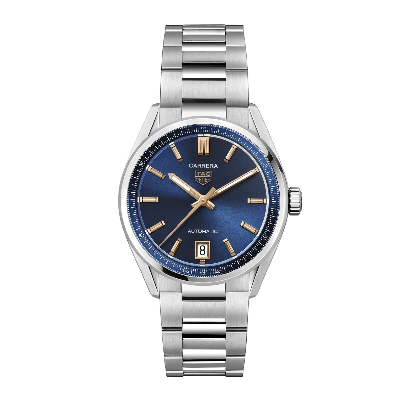 The TAG Heuer Carrera Date is a stainless steel wristwatch featuring a blue dial, gold-tone hands and hour markers, and a date display at 6 o’clock—a blend of endurance and timeless elegance.