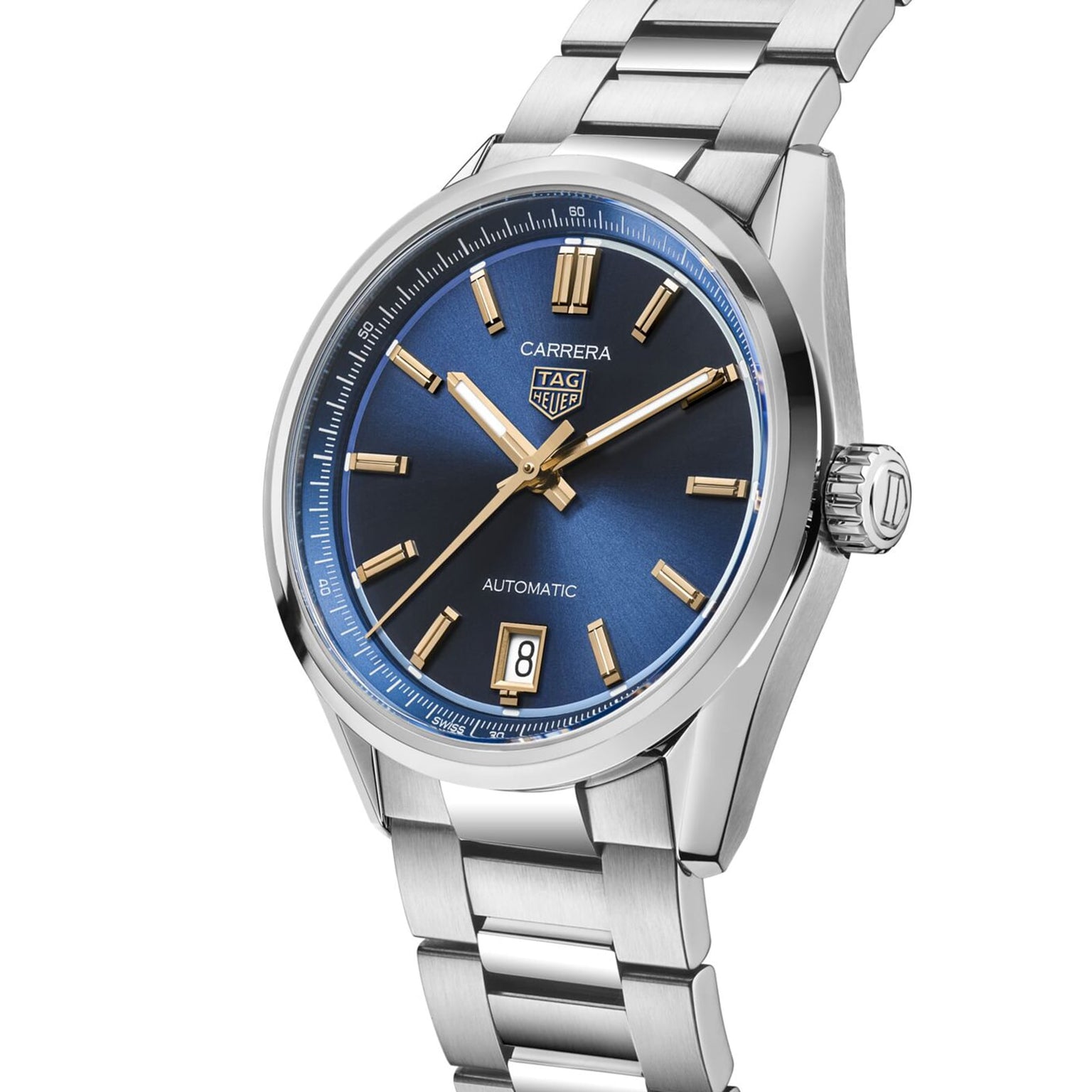 The TAG Heuer Carrera Date wristwatch features a blue dial, gold hour markers, and a date window at 6 o’clock. With its stainless steel case and sleek design, the Carrera Date is a striking statement of endurance and elegance.