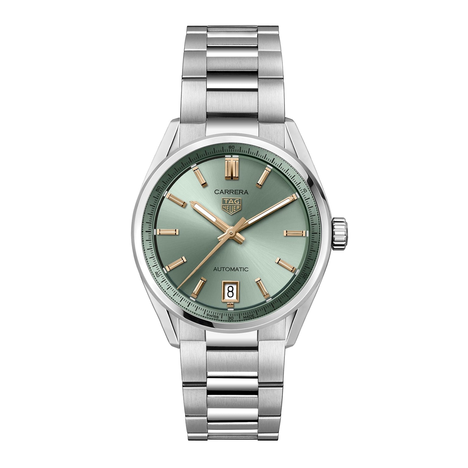 The TAG Heuer Carrera Date wristwatch features a green dial, gold hour markers and hands, a date window at 6 oclock, and a stainless steel bracelet—combining elegance with the enduring quality of the Carrera collection.