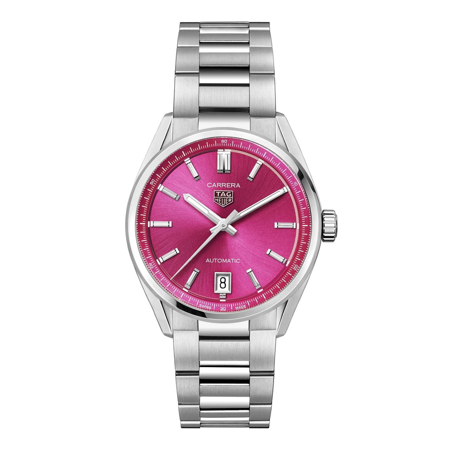 The TAG Heuer Carrera Date features a stainless steel case, metallic pink dial, automatic movement, date display at 6 o’clock, silver hour markers, and a durable metal link bracelet.