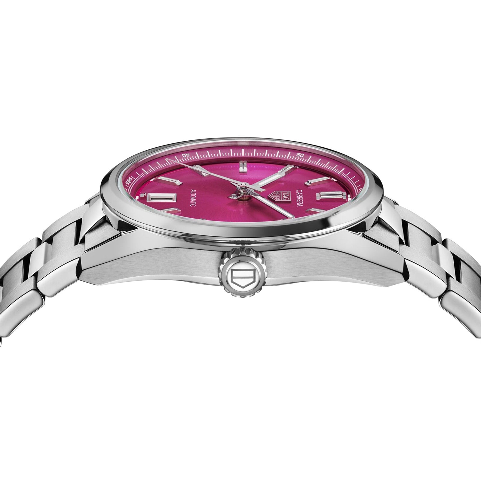 The TAG Heuer Carrera Date wristwatch features a stainless steel case, metallic bracelet, and pink dial. Shown in side view, it highlights the profile, detailed crown, and automatic movement for lasting style.