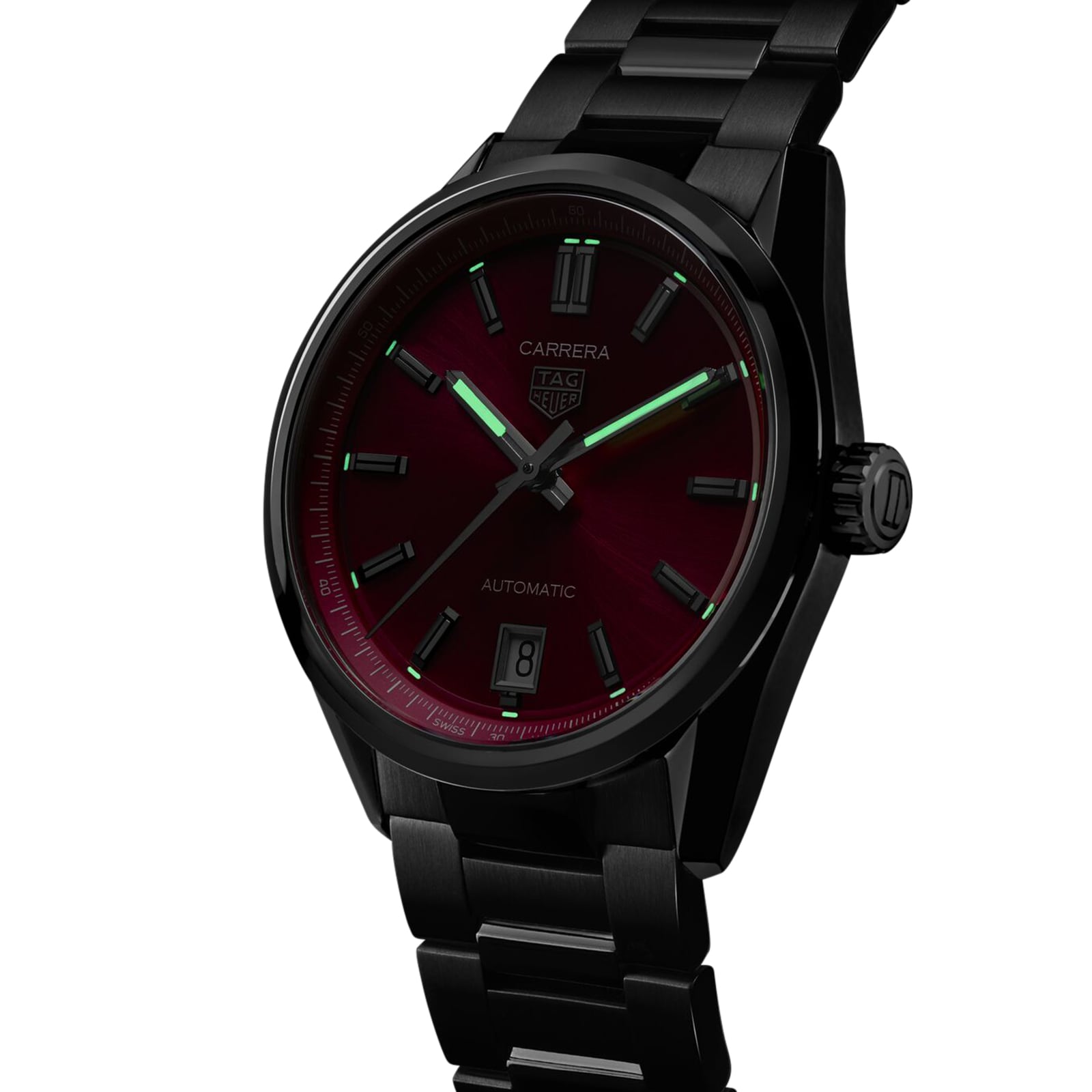 The TAG Heuer Carrera Date features a black metal case, deep red dial, luminous hour markers, automatic movement, and a date window at 6 o’clock—combining style and durability in the iconic Carrera collection.