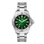 The TAG Heuer Aquaracer Professional 200 is a stainless steel sports watch featuring a green dial, silver hour markers, and a date window at 6 oclock, shown against a white background.