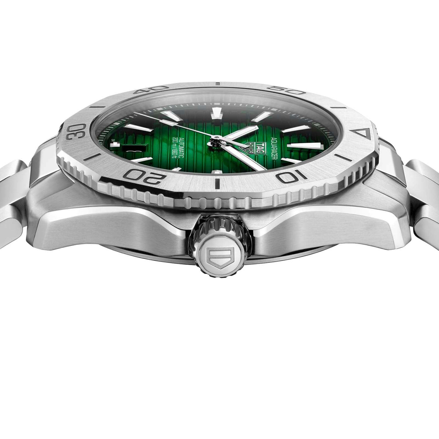 The TAG Heuer Aquaracer Professional 200 features a green dial in a silver case, shown from the side to highlight the crown and brushed metal bracelet.