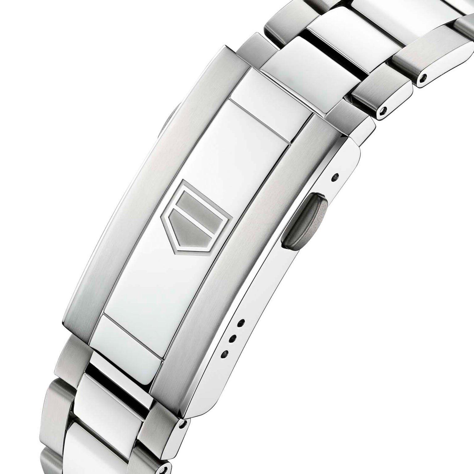 Close-up of the TAG Heuer Aquaracer Professional 200 sports watch, highlighting its stainless steel case, bracelet, and clasp adorned with an engraved shield logo.