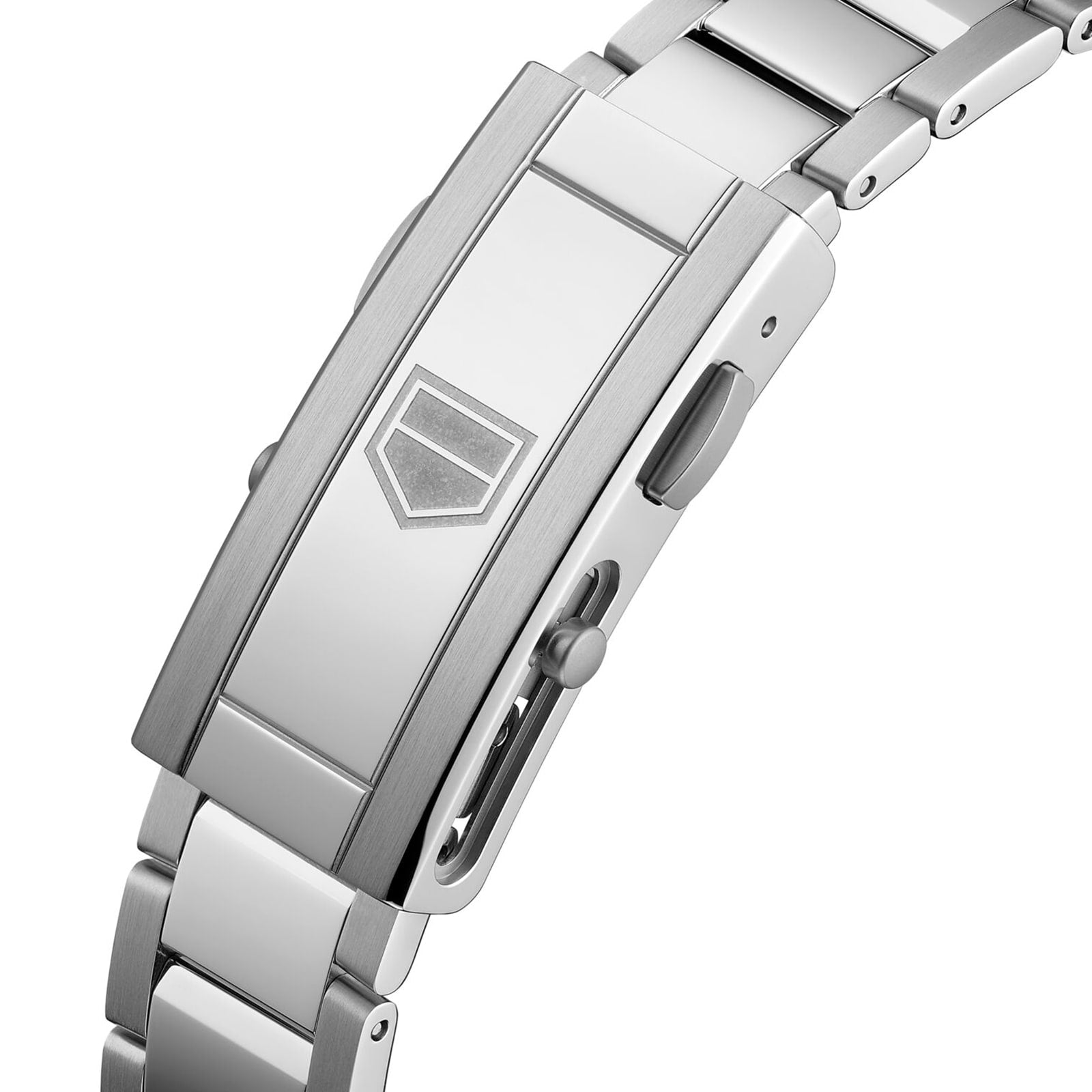 Close-up of the TAG Heuer Aquaracer Professional 300 Date stainless steel bracelet clasp, showcasing a geometric shield logo and push-button release mechanism.