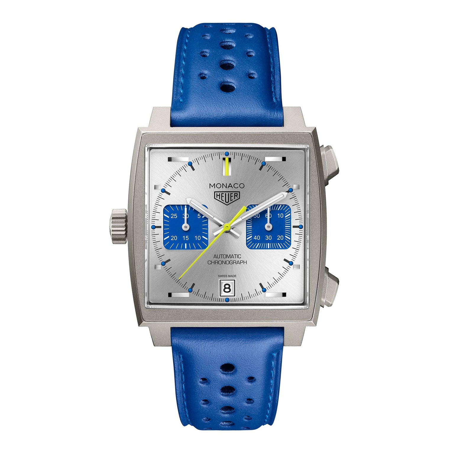 The TAG Heuer Limited Edition Monaco Chronograph French Racing Blue watch features a square case, silver dial, blue subdials, yellow second hand, date display, and a perforated blue leather strap.