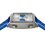 A square TAG Heuer Limited Edition Monaco Chronograph French Racing Blue wristwatch with silver case, blue accents, two push buttons, and a blue leather strap, viewed from a low angle.