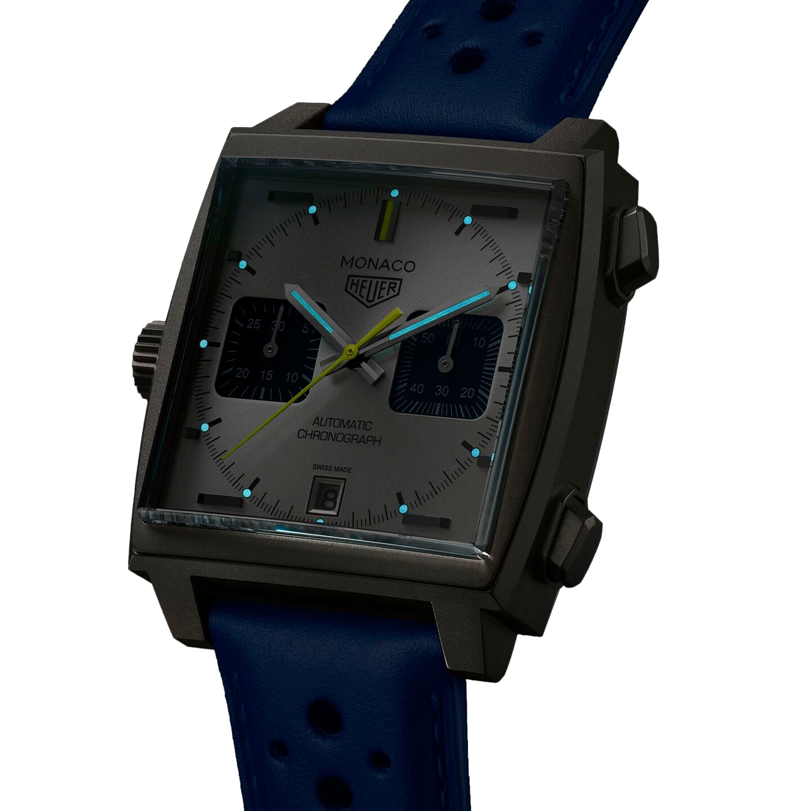 The TAG Heuer Limited Edition Monaco Chronograph French Racing Blue features a square face, blue perforated leather strap, two black subdials on a silver dial, and a calibre 11 automatic chronograph movement.