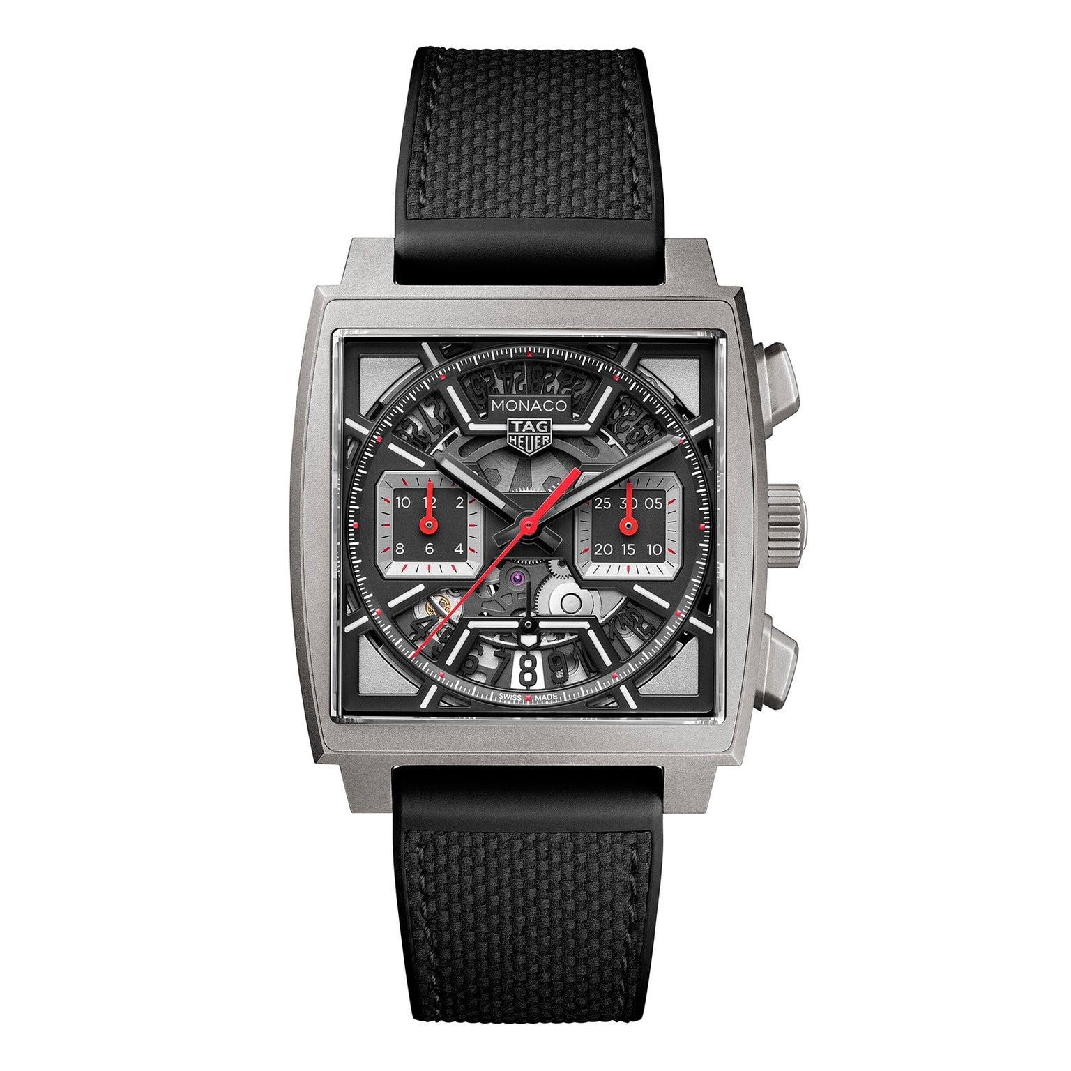 The TAG Heuer Monaco Chronograph features a square case, skeletonised dial revealing its gears, calibre Heuer 02 movement, black strap, and red highlights on the hands and subdials.