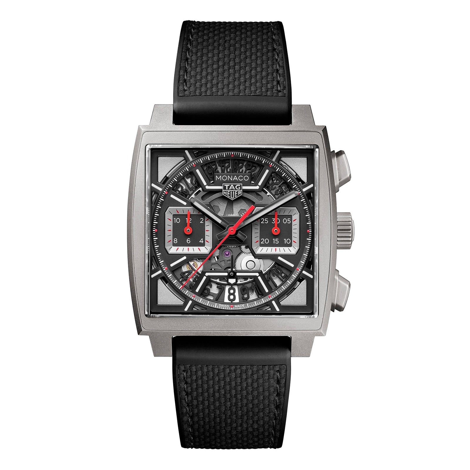 The TAG Heuer Monaco Chronograph features a square case, skeletonised dial revealing its gears, calibre Heuer 02 movement, black strap, and red highlights on the hands and subdials.