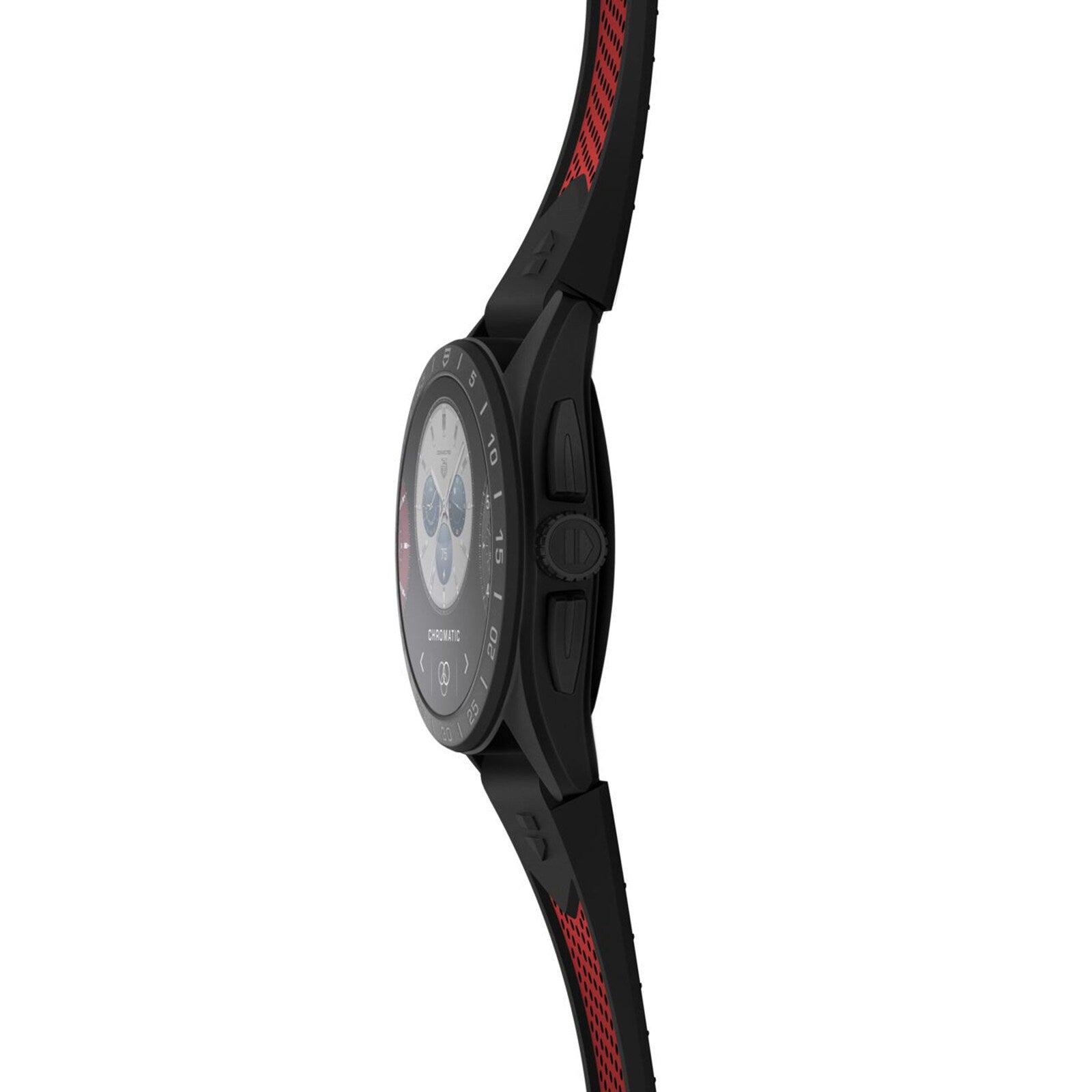 The TAG Heuer Connected Calibre E4 Sport Edition luxury smartwatch, featuring a round face and red accents, is displayed from a side angle against a white background to showcase its high-tech features.