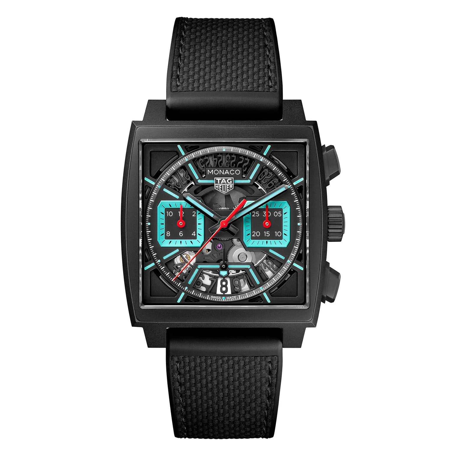 The TAG Heuer Monaco Chronograph is a square black wristwatch with visible gears, turquoise and red accents, and a black textured strap.
