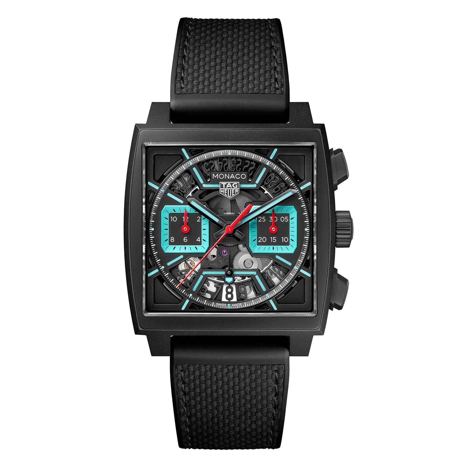 The TAG Heuer Monaco Chronograph is a square black wristwatch with visible gears, turquoise and red accents, and a black textured strap.