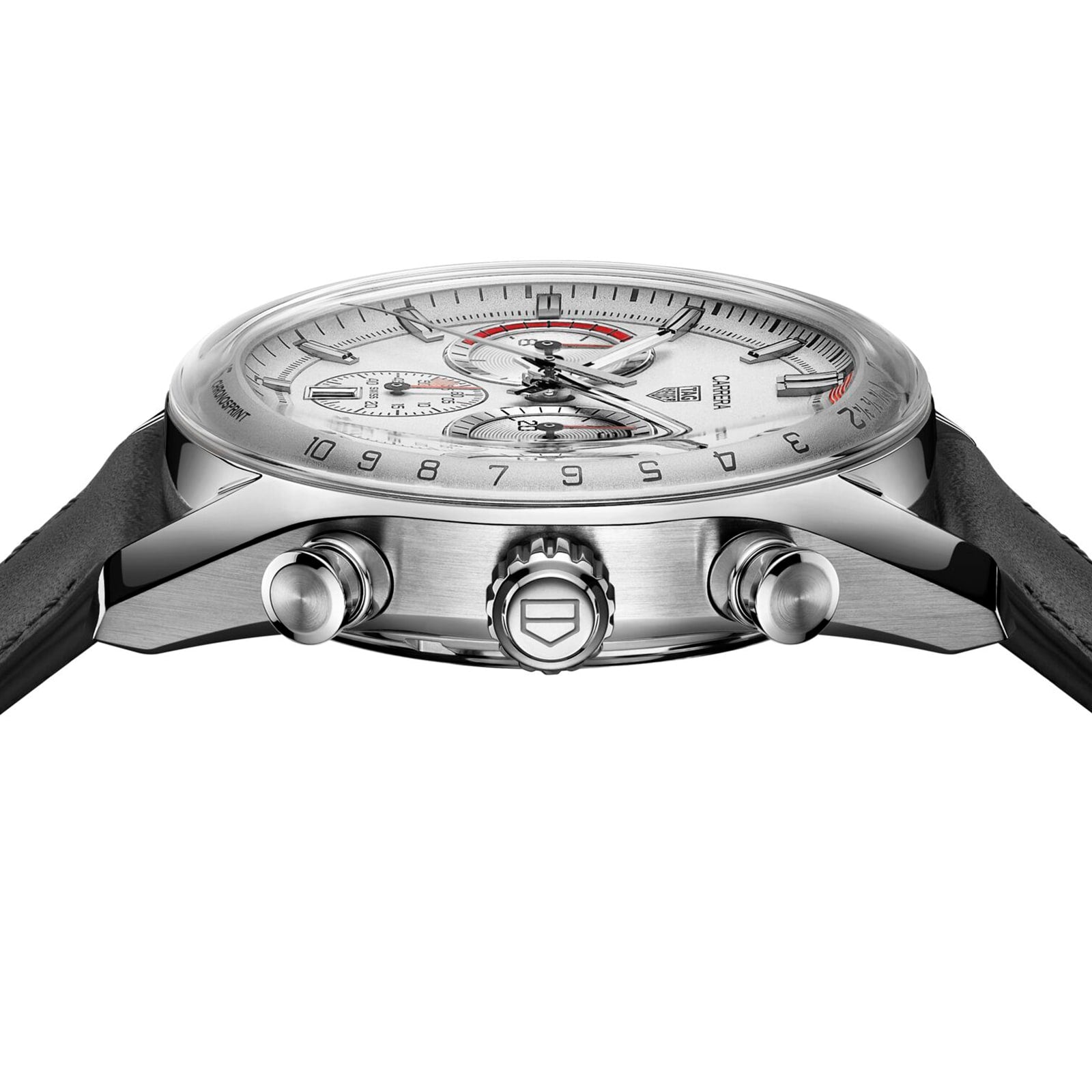 Side view of the TAG Heuer Special Edition Carrera Chronosprint x Porsche, featuring a silver case, white dial with subdials, numbered bezel, two pushers, crown, and black leather strap.
