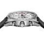 Side view of the TAG Heuer Special Edition Carrera Chronosprint x Porsche, featuring a silver case, white dial with subdials, numbered bezel, two pushers, crown, and black leather strap.