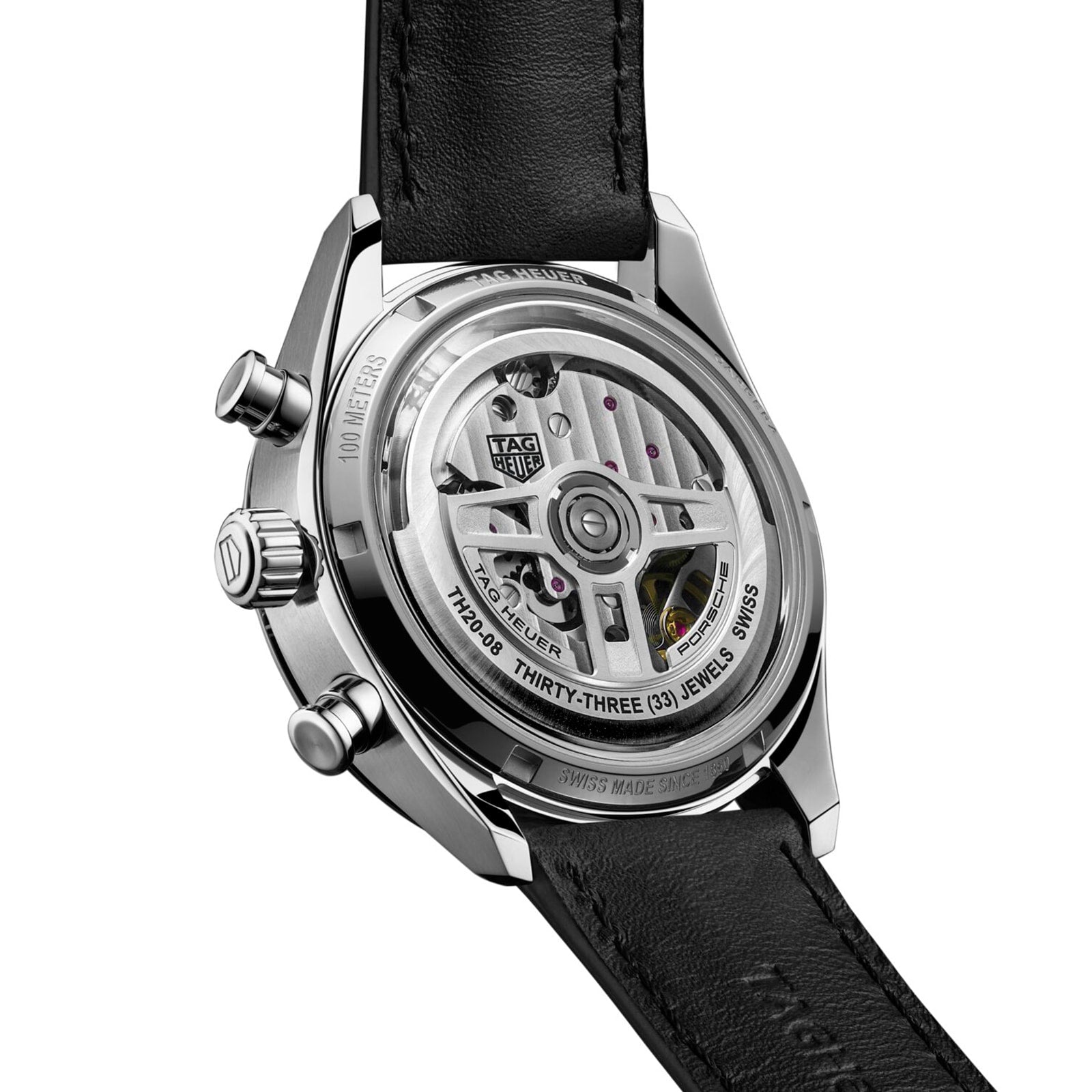 Back view of the TAG Heuer Special Edition Carrera Chronosprint x Porsche watch displaying its chronograph movement, labeled components, and black leather strap.