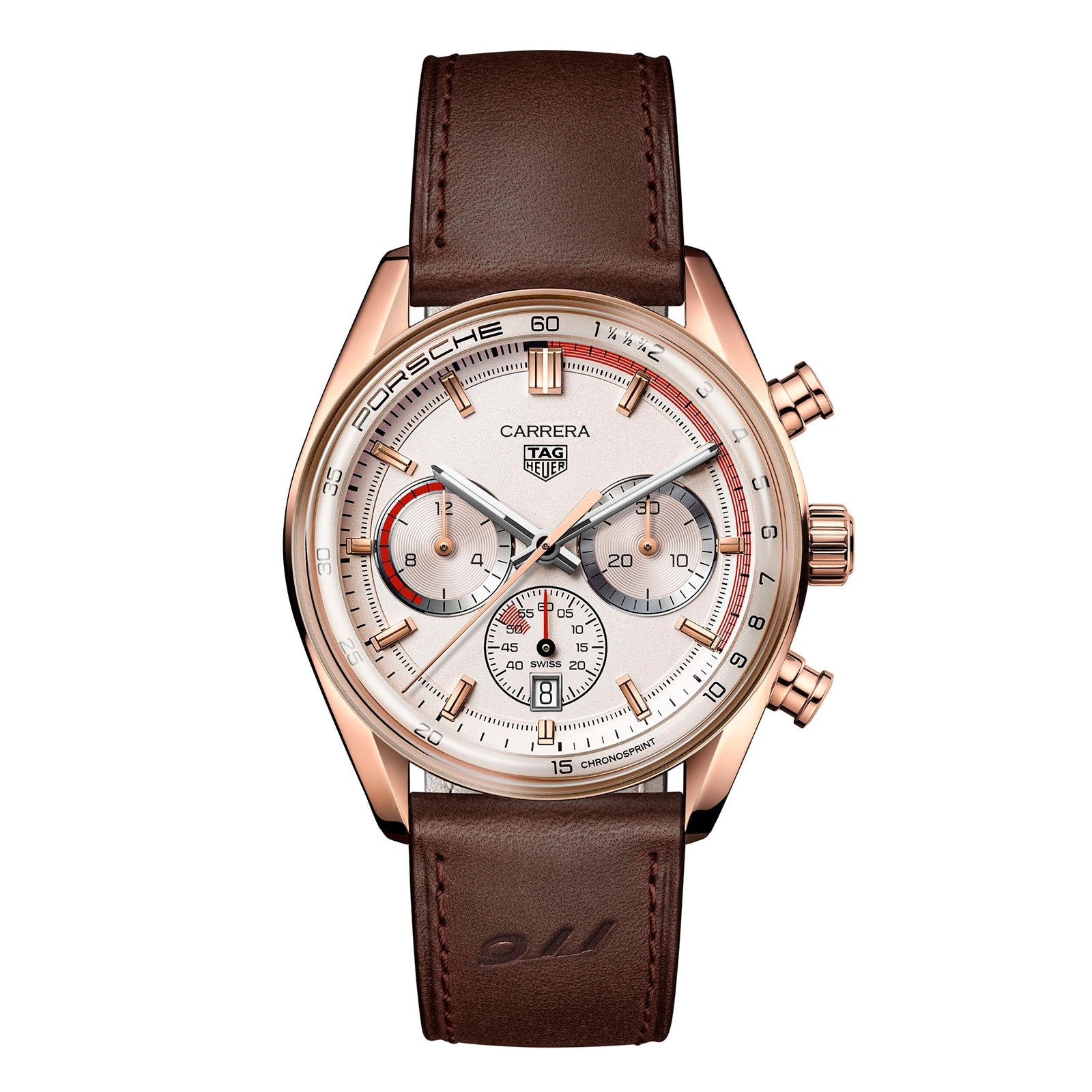 The TAG Heuer Special Edition Carrera Chronosprint x Porsche watch features a brown leather strap, rose gold case, white dial with three sub-dials and red accents, and an automatic chronograph movement inspired by the Porsche 911.