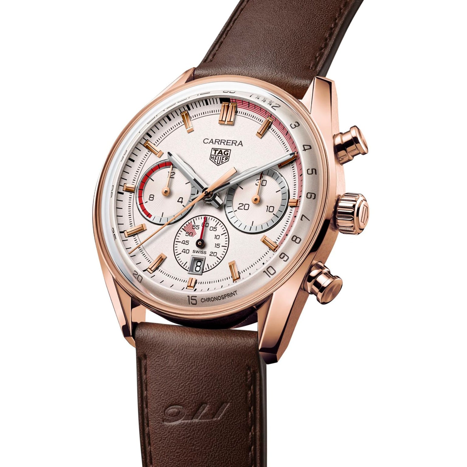 The TAG Heuer Special Edition Carrera Chronosprint x Porsche features an automatic chronograph, brown leather strap, rose gold case, and a white dial with three subdials and black, red, and gold accents.