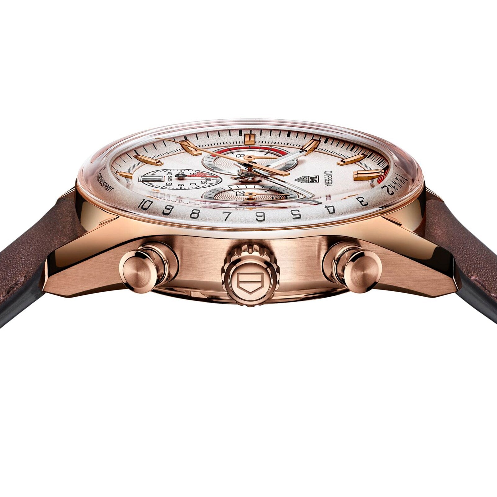 A close-up side view of the TAG Heuer Special Edition Carrera Chronosprint x Porsche watch in rose gold with a white dial, two pushers, automatic chronograph movement, and a brown leather strap showcasing intricate face details.