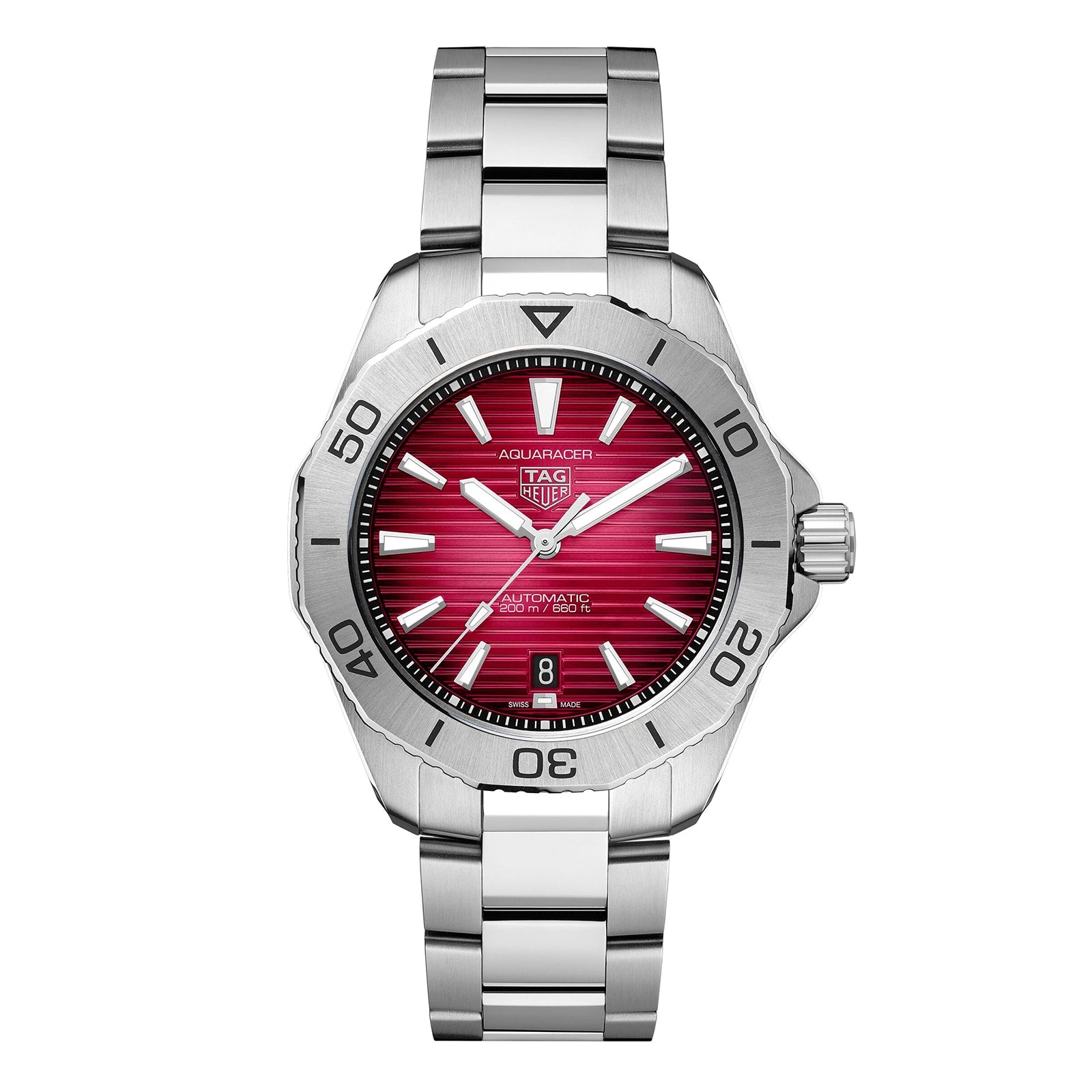 The TAG Heuer Aquaracer Professional 200 features a stainless steel case, smokey-red sunray brushed dial, silver hour markers, a date at 6 o’clock, and a unidirectional bezel.