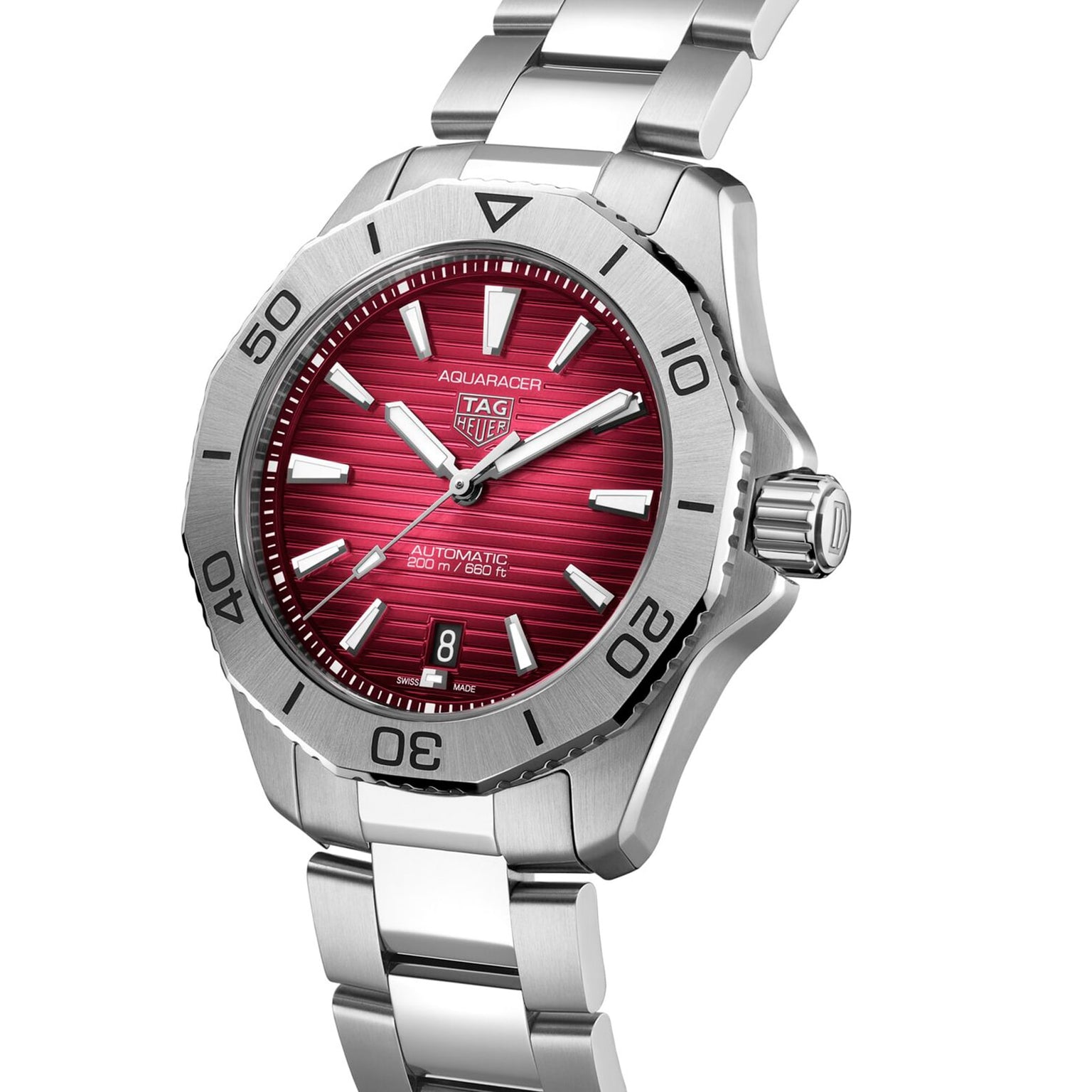 The TAG Heuer Aquaracer Professional 200 features a stainless steel case, smokey-red sunray brushed dial, silver hour markers, date at 6 oclock, and a metal bracelet.