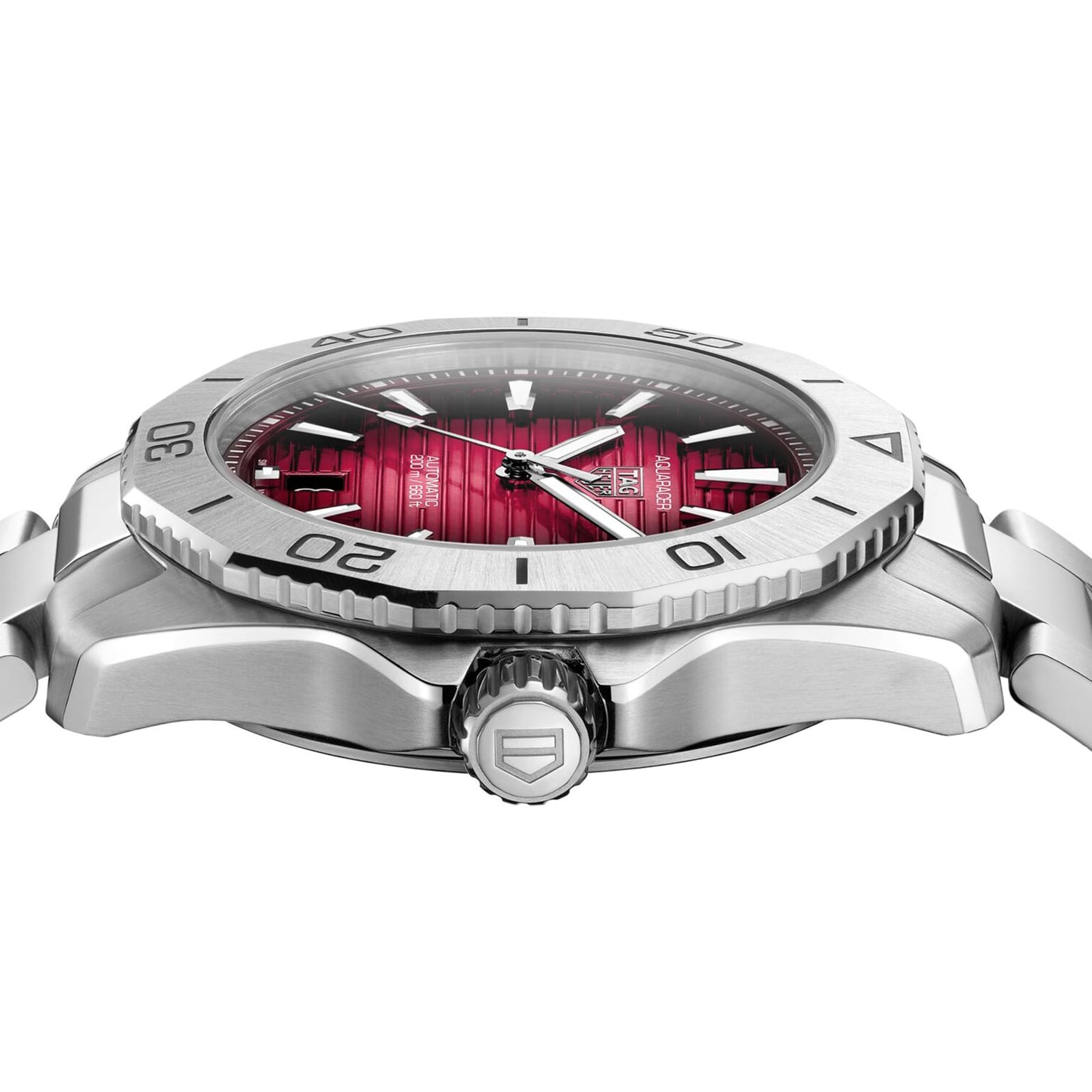 Side view of the TAG Heuer Aquaracer Professional 200, showcasing its stainless steel case and bracelet, smokey-red sunray brushed dial, bold crown, and a bezel with engraved numerals.